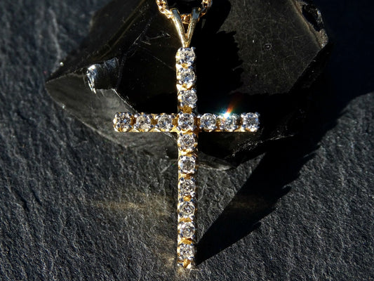 diamond cross necklace pendant in solid 10k yellow gold set with 16 real diamonds on gold plated double rope chain