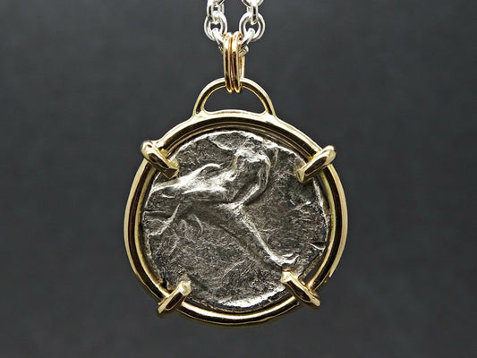 ancient Greek silver drachm coin pendant set in solid 14k gold with sterling silver chain