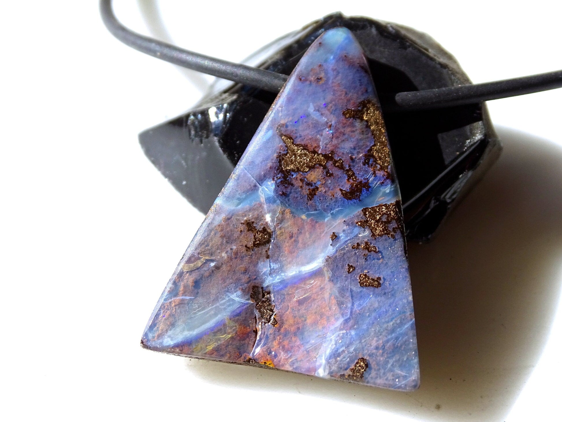 large purple Australian Boulder opal necklace with black neoprene cord and sterling silver clasp