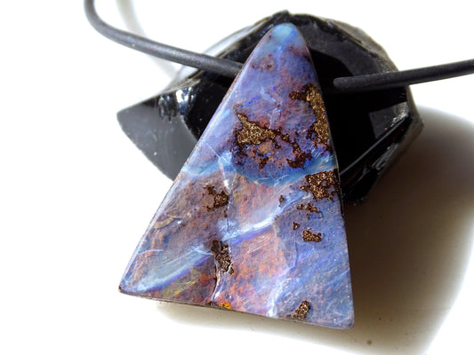 large purple Australian Boulder opal necklace with black neoprene cord and sterling silver clasp