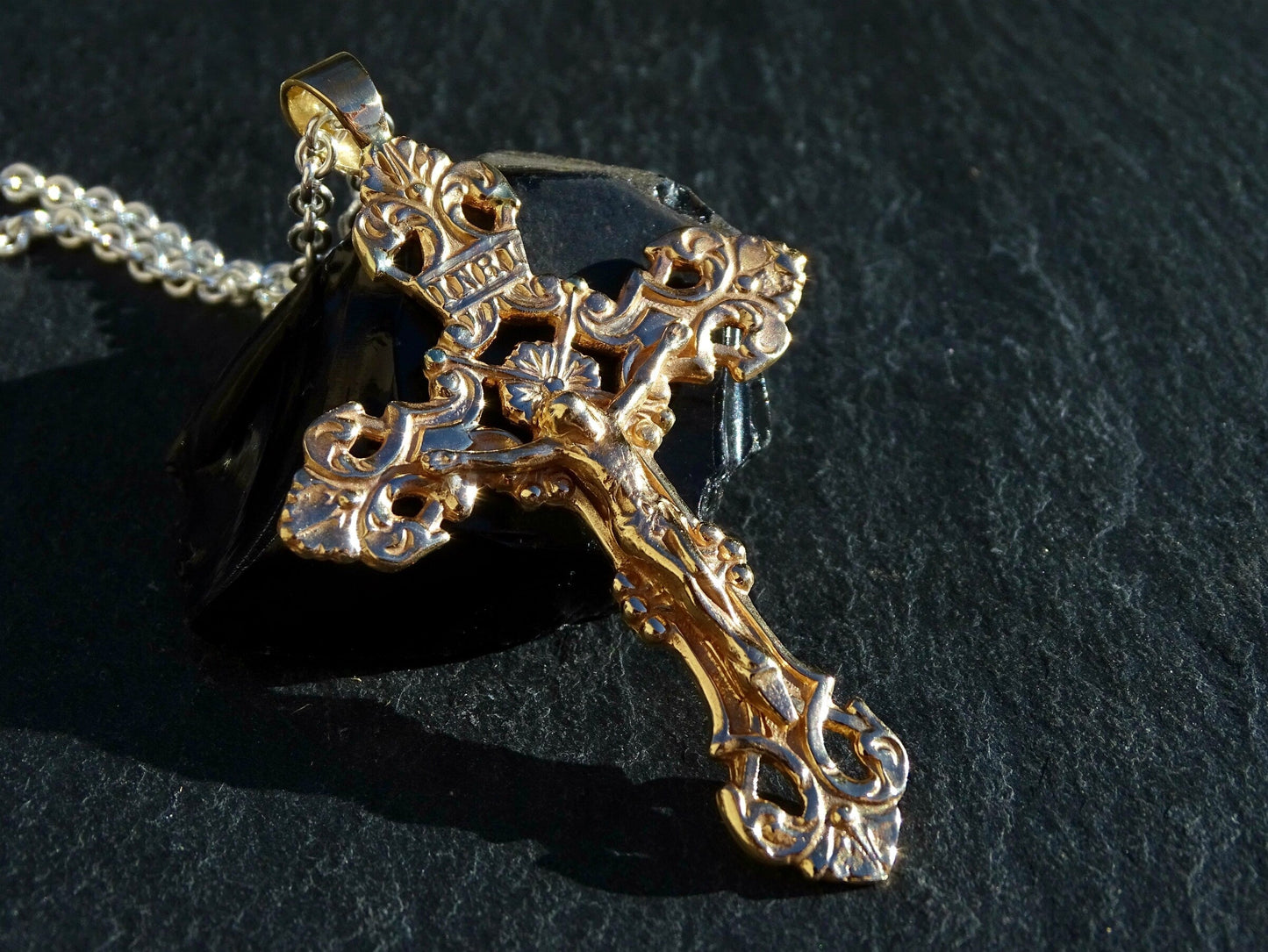 large ornate solid 14k gold crucifix pendant on thick sterling silver chain gold cross necklace