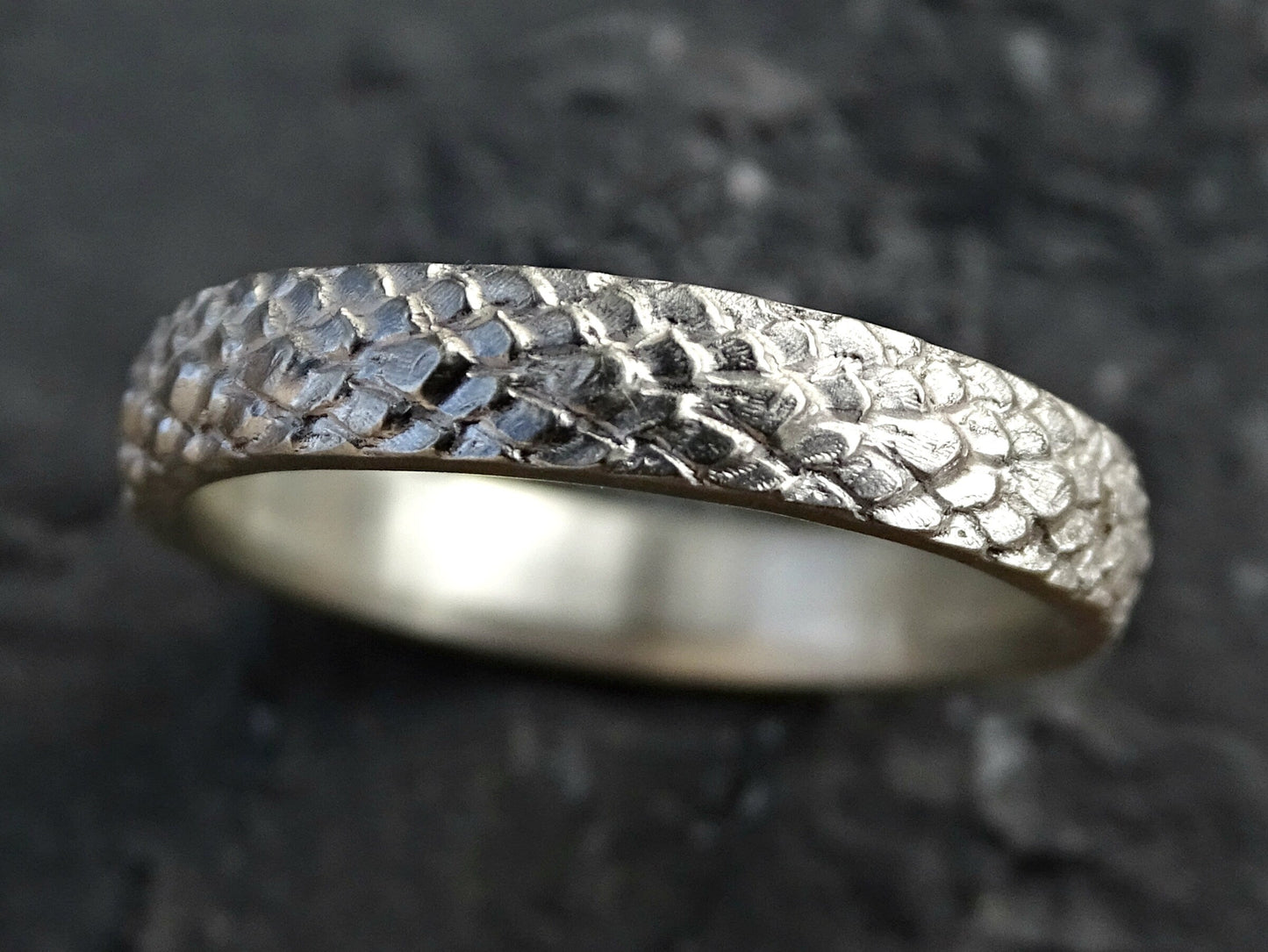 dark silver dragon scale textured sterling silver ring wedding band