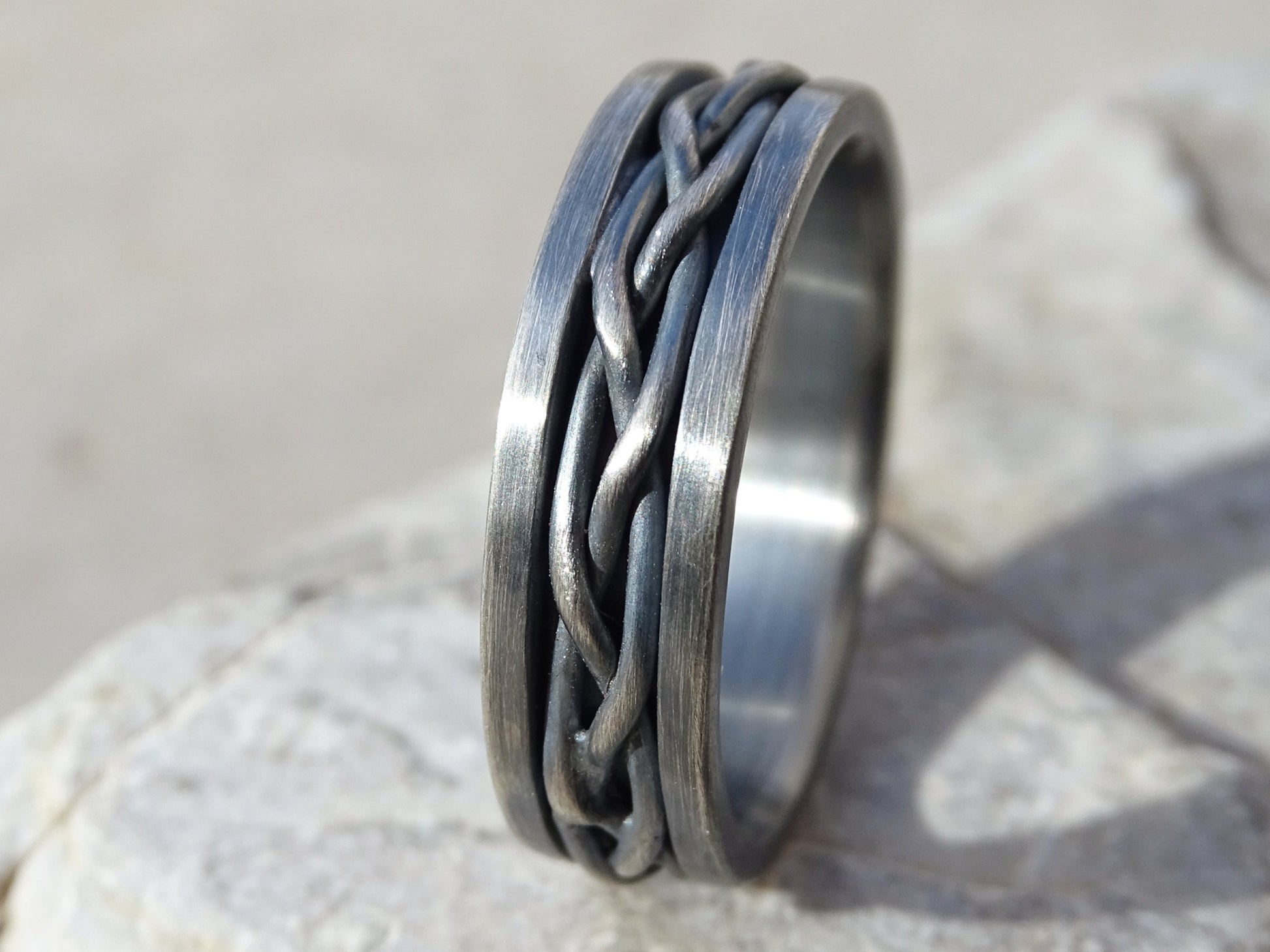 braided wedding band black silver, unique men's wedding band