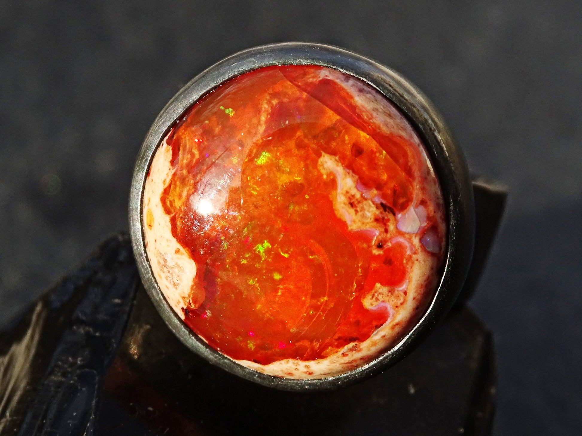 large orange fire opal ring in black silver, size US 7 1/4 - CrazyAss Jewelry Designs