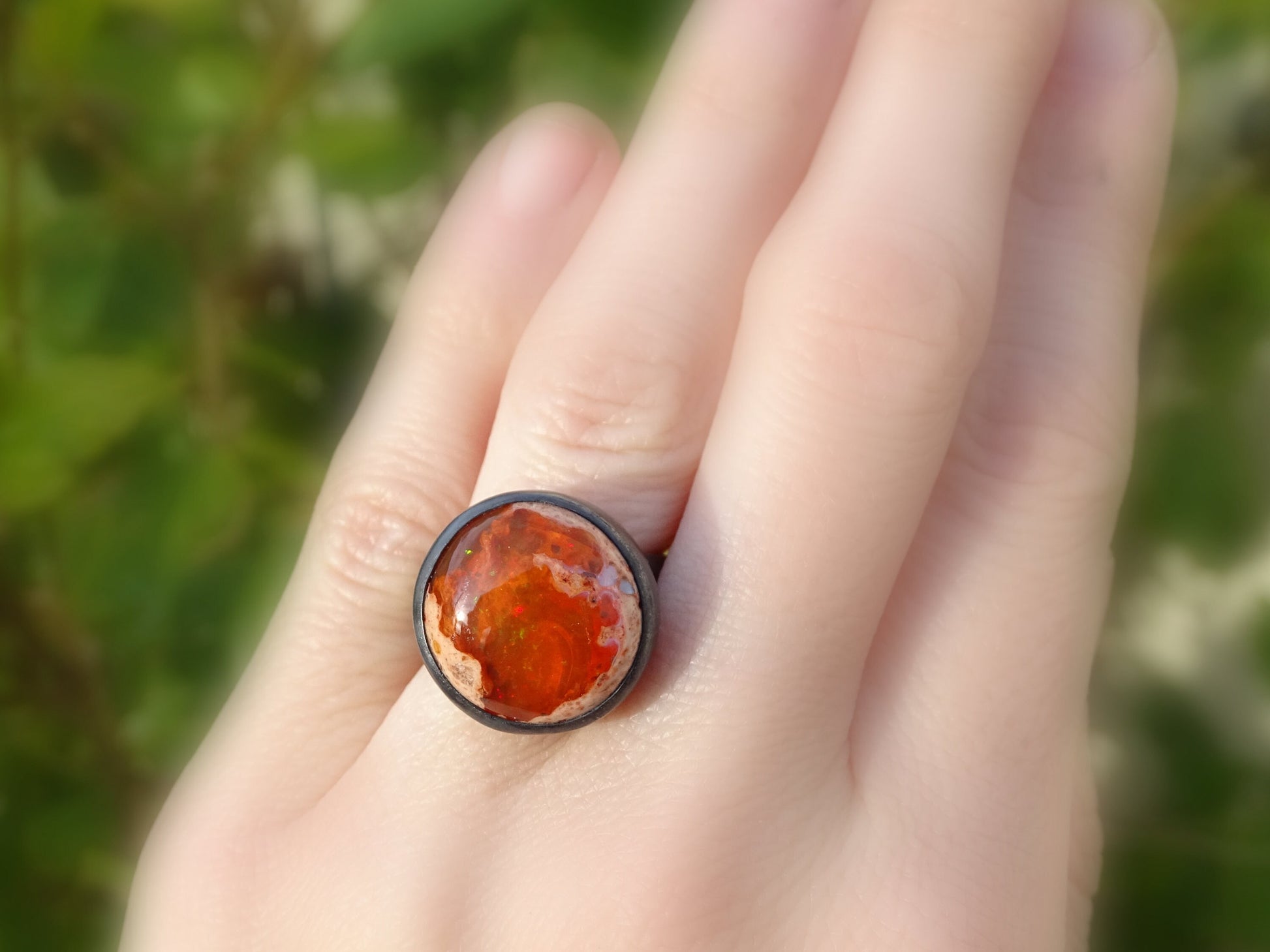 large orange fire opal ring in black silver, size US 7 1/4 - CrazyAss Jewelry Designs