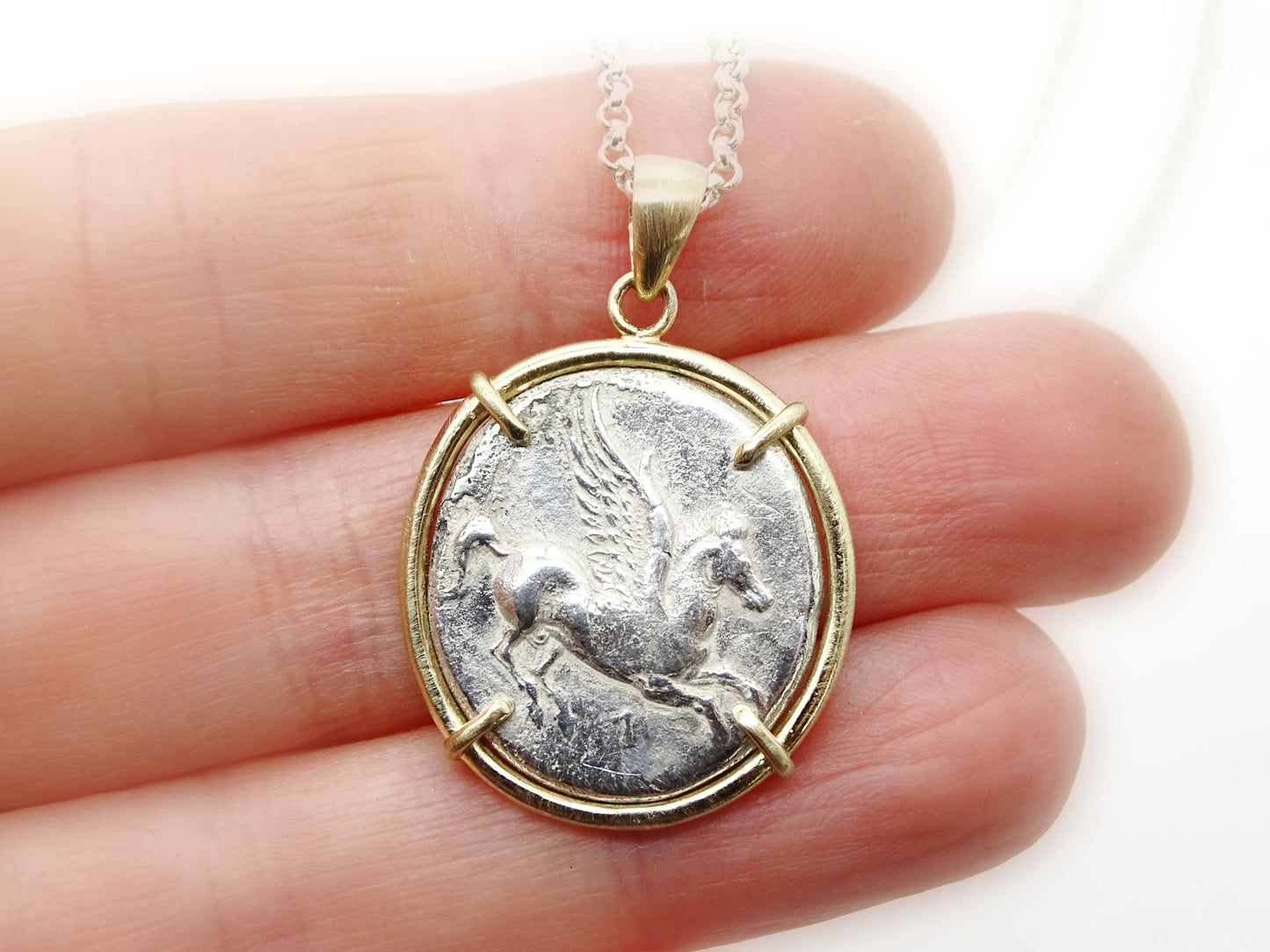 gold Pegasus coin pendant - choose your coin, ancient silver coin, real Greek silver coin necklace, Athena coin pendant winged horse pendant - CrazyAss Jewelry Designs