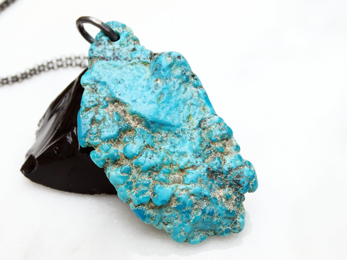 Large natural Kingman turquoise pendant with black oxidized sterling silver bail and chain for men
