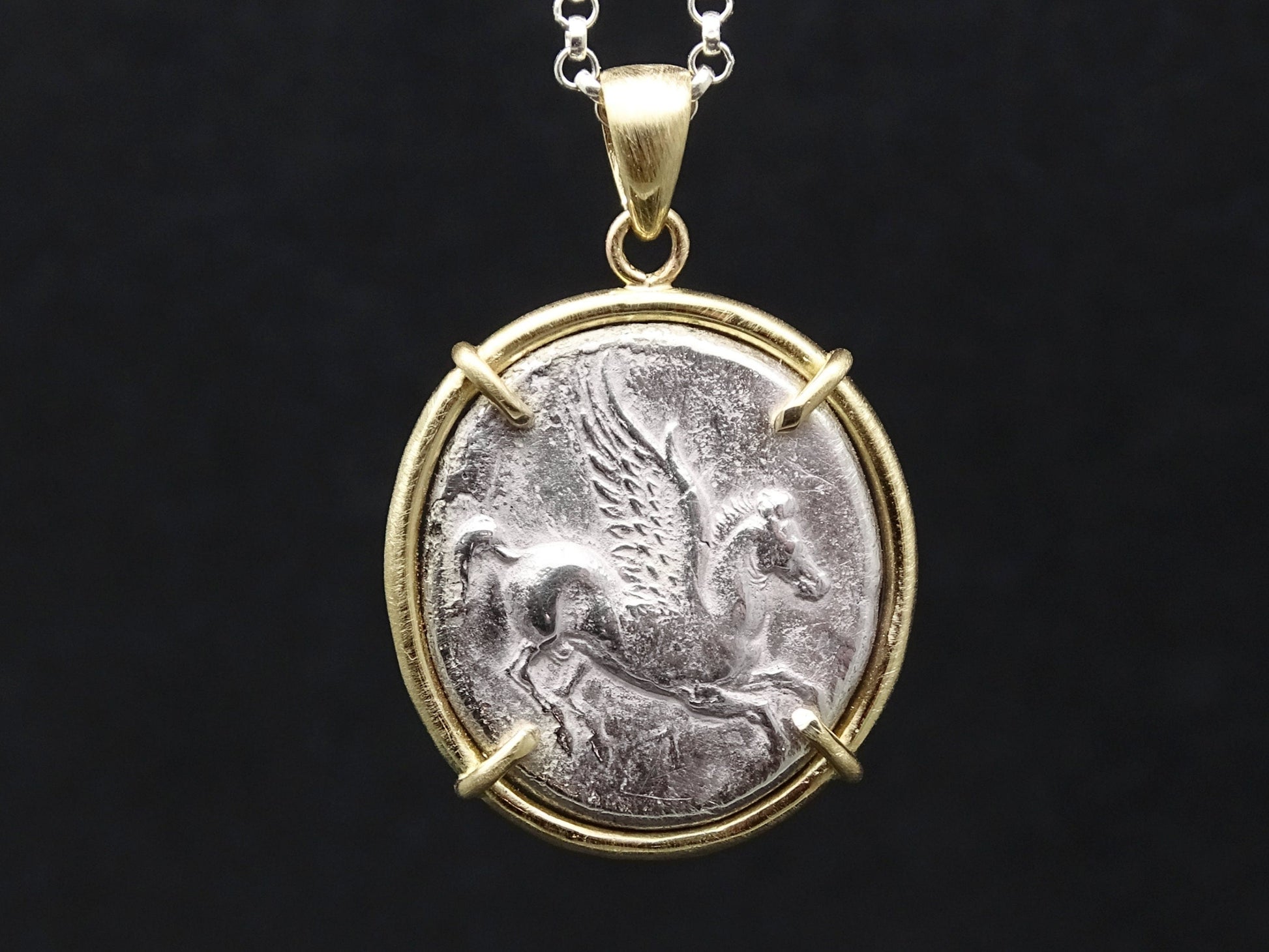 Ancient Greek Pegasus coin pendant set in 14k yellow gold with sterling silver chain