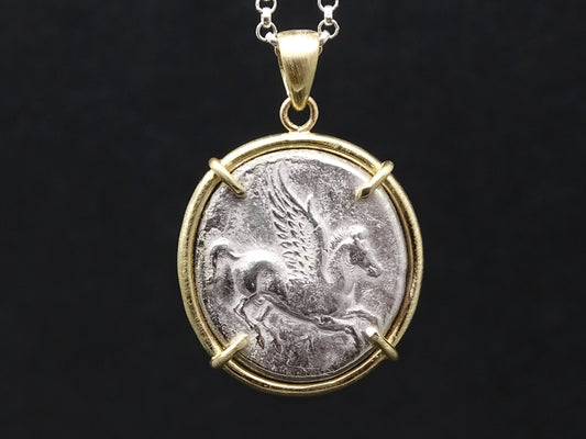Ancient Greek Pegasus coin pendant set in 14k yellow gold with sterling silver chain