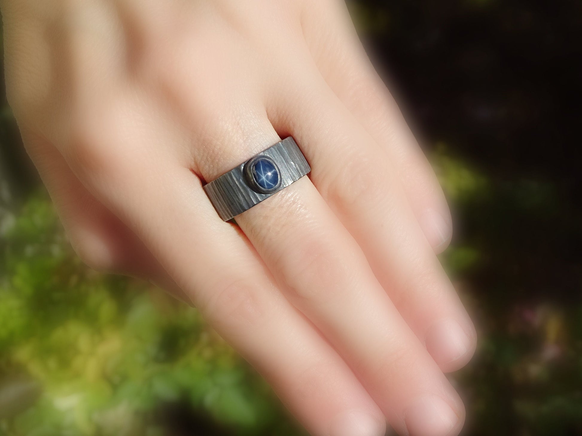 blue star sapphire ring, star sapphire ring silver, mens promise ring, cool mens ring silver hammered, mens sapphire ring, unique mens ring - CrazyAss Jewelry Designs