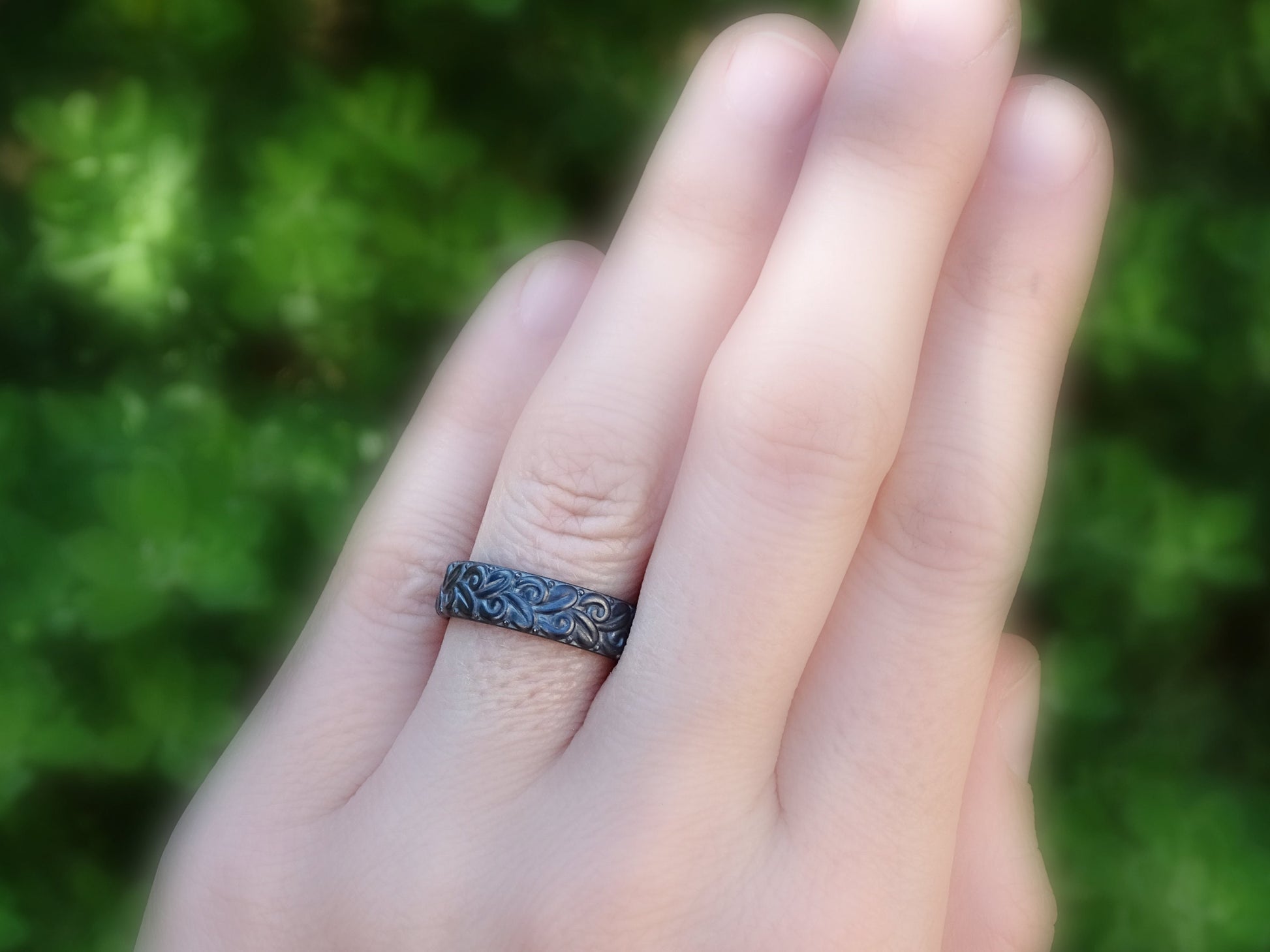 floral ring black silver, nature engagement ring silver, viking wedding ring men, sculped silver band, silver eternity ring, unique gift - CrazyAss Jewelry Designs