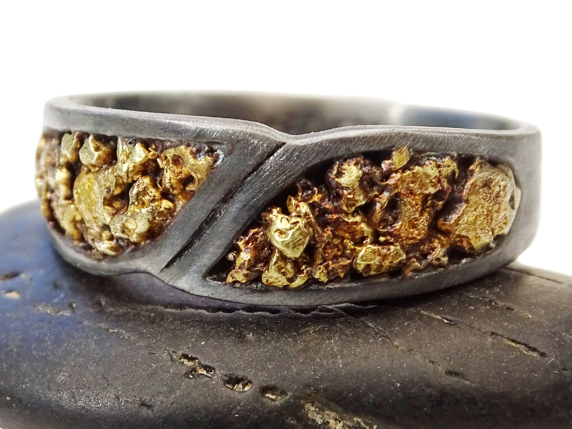 real gold nugget ring black silver, big gold nugget ring, gold nugget engagement ring, Alaska gold nugget ring for men, unique mens gift - CrazyAss Jewelry Designs