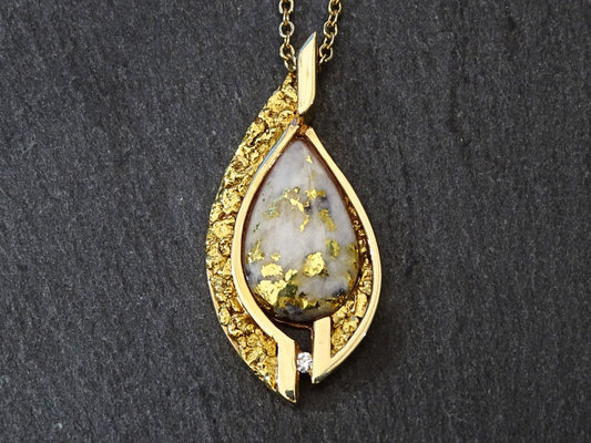 Big gold nugget pendant, featuring real 22k gold nuggets from the Yukon area.
&gt; overall 35mm (1.37 inches) long pendant &gt; solid 14k yellow gold &gt; inlaid wit