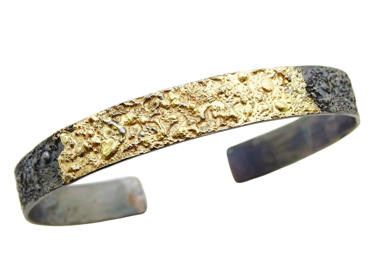 Gold and silver cuff bracelet with molten textured sterling silver and 14k gold accents, handmade and adjustable.