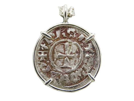Sterling silver pendant with authentic Knights Templar coin from 12th century France mounted in a minimalist four-prong setting.