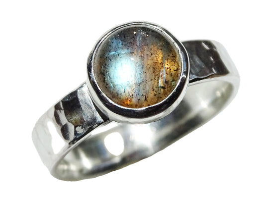 Blue green labradorite ring with hammered sterling silver band and closed bezel setting