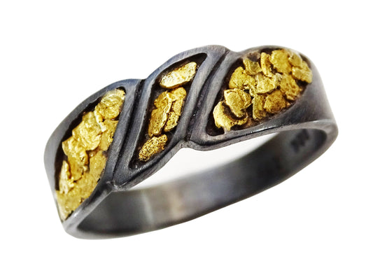Mens gold nugget ring in black oxidized sterling silver with real Alaska gold nuggets inlaid on top.
