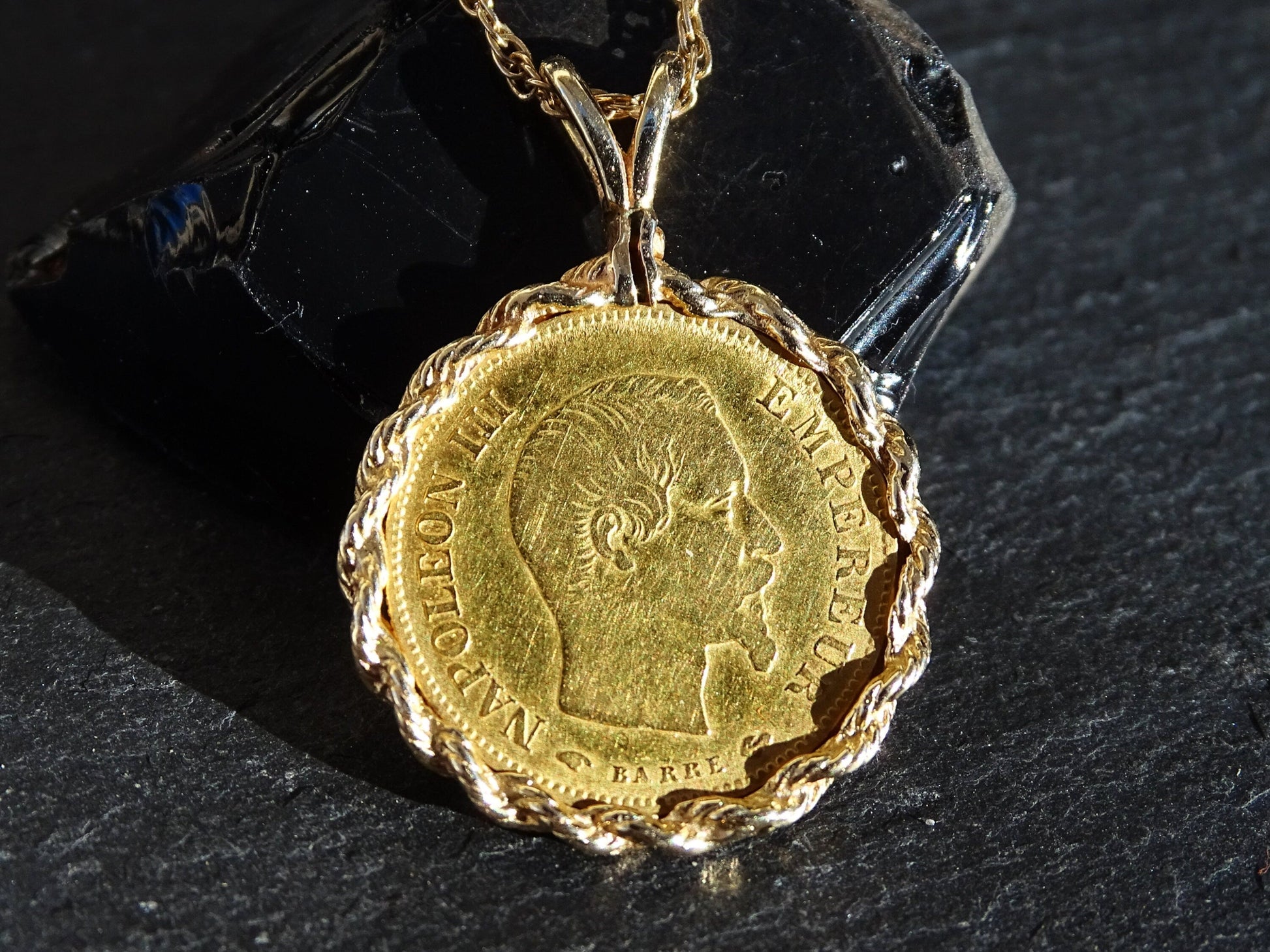 14k gold coin pendant featuring 1860 10 Francs Napoleon III gold coin with detailed bust and lettering, on a gold chain