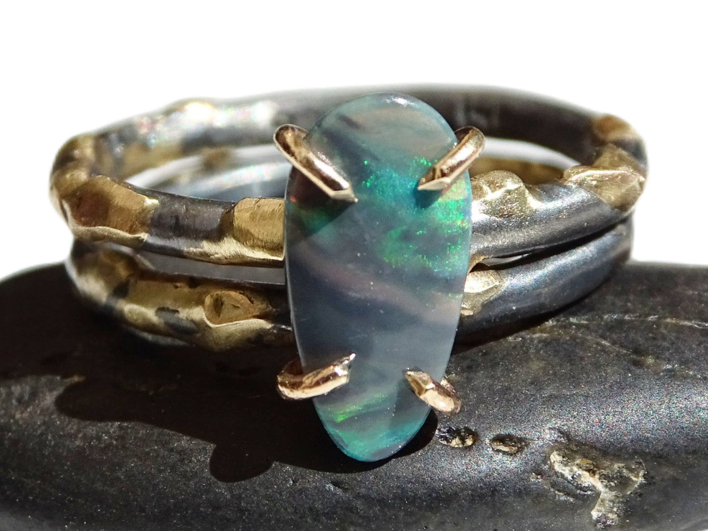 black opal ring gold silver ring, opal wedding ring set, dainty opal ring viking engagement ring, molten opal ring, anniversary gift for her - CrazyAss Jewelry Designs