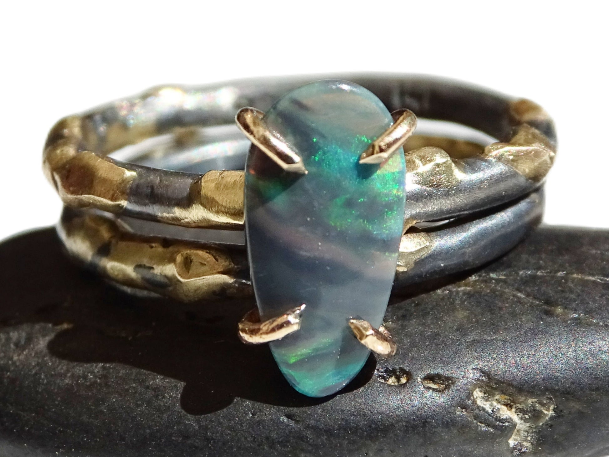 black opal ring gold silver ring, opal wedding ring set, dainty opal ring viking engagement ring, molten opal ring, anniversary gift for her - CrazyAss Jewelry Designs