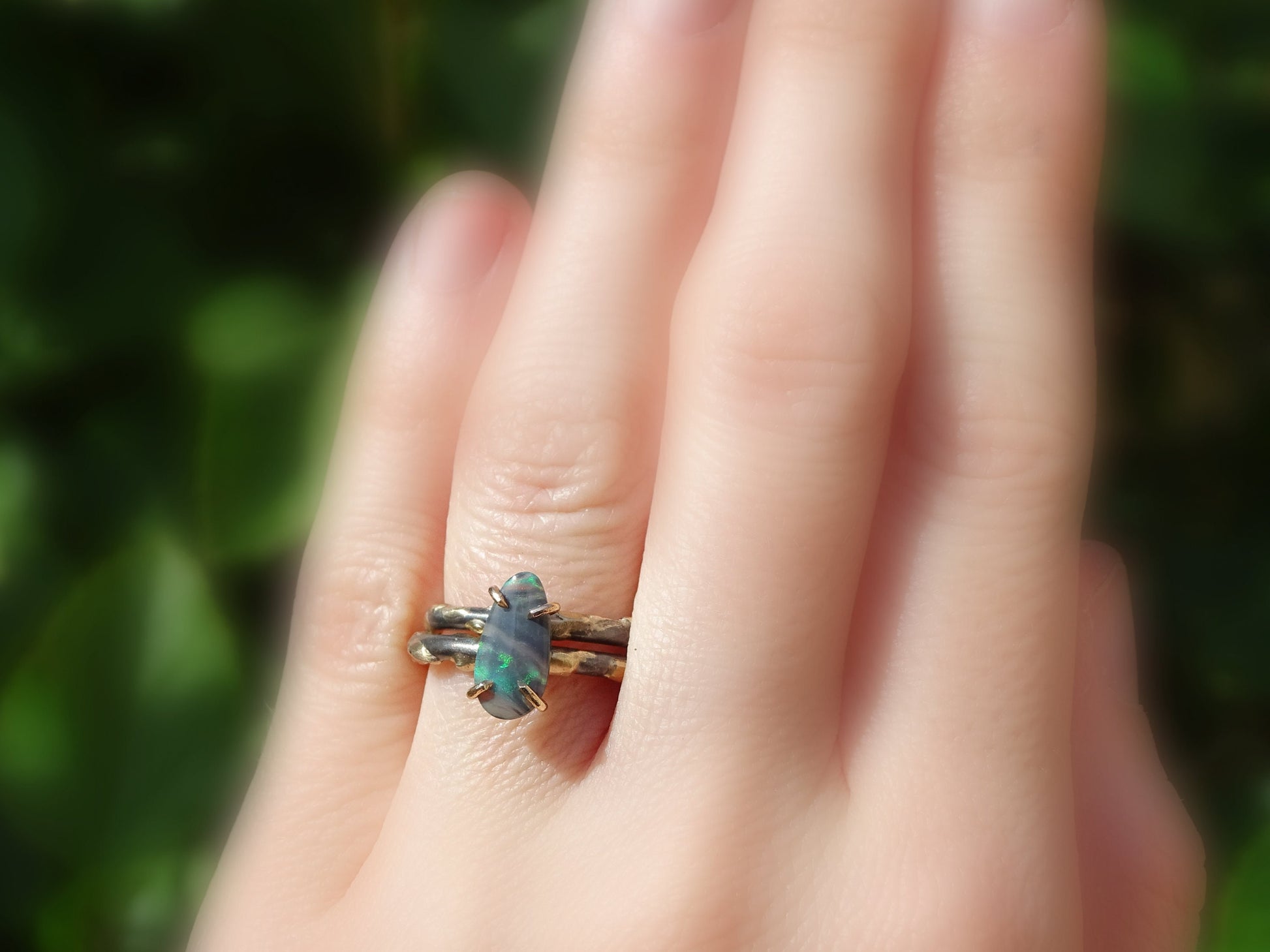black opal ring gold silver ring, opal wedding ring set, dainty opal ring viking engagement ring, molten opal ring, anniversary gift for her - CrazyAss Jewelry Designs