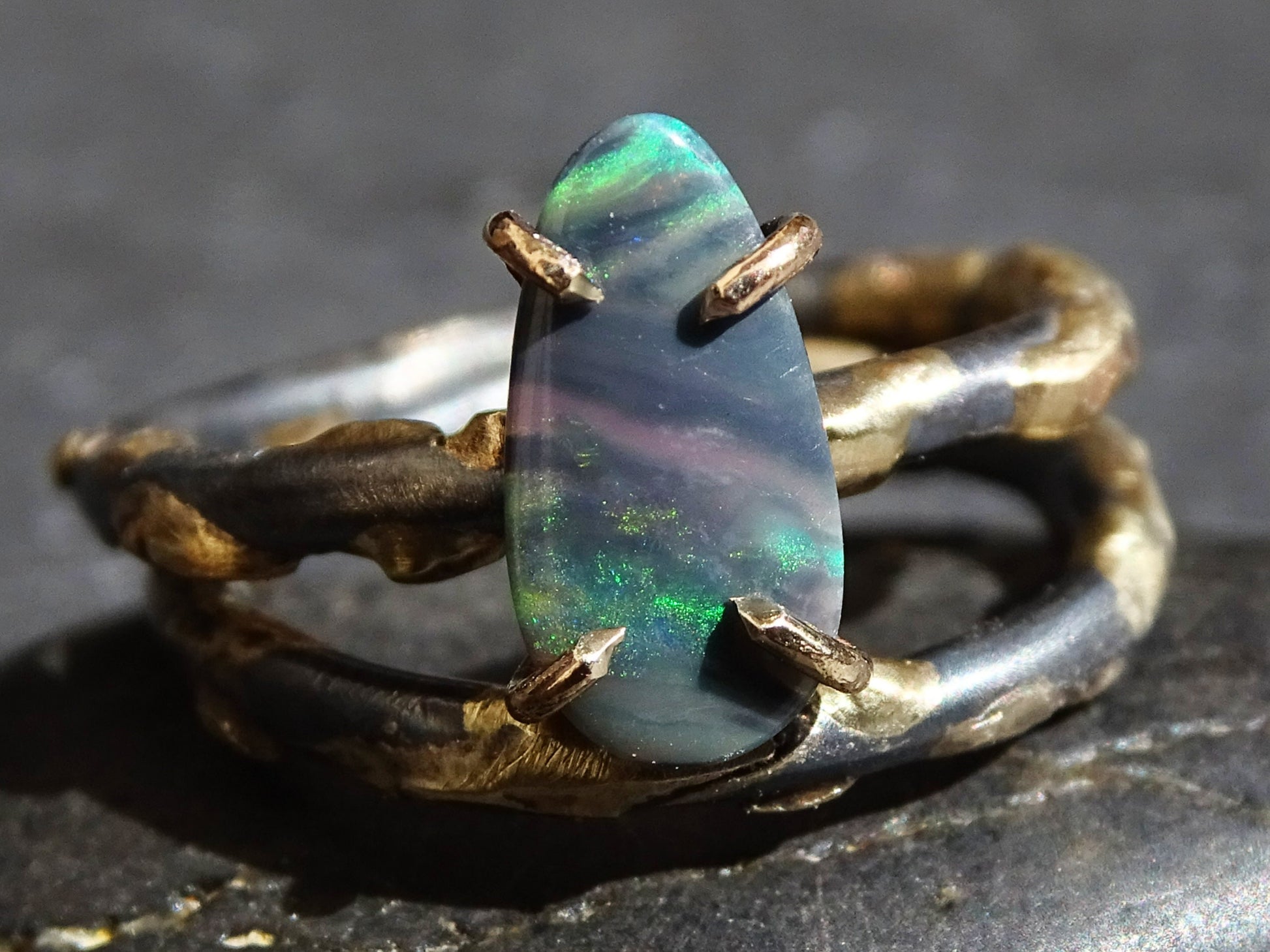 black opal ring gold silver ring, opal wedding ring set, dainty opal ring viking engagement ring, molten opal ring, anniversary gift for her - CrazyAss Jewelry Designs