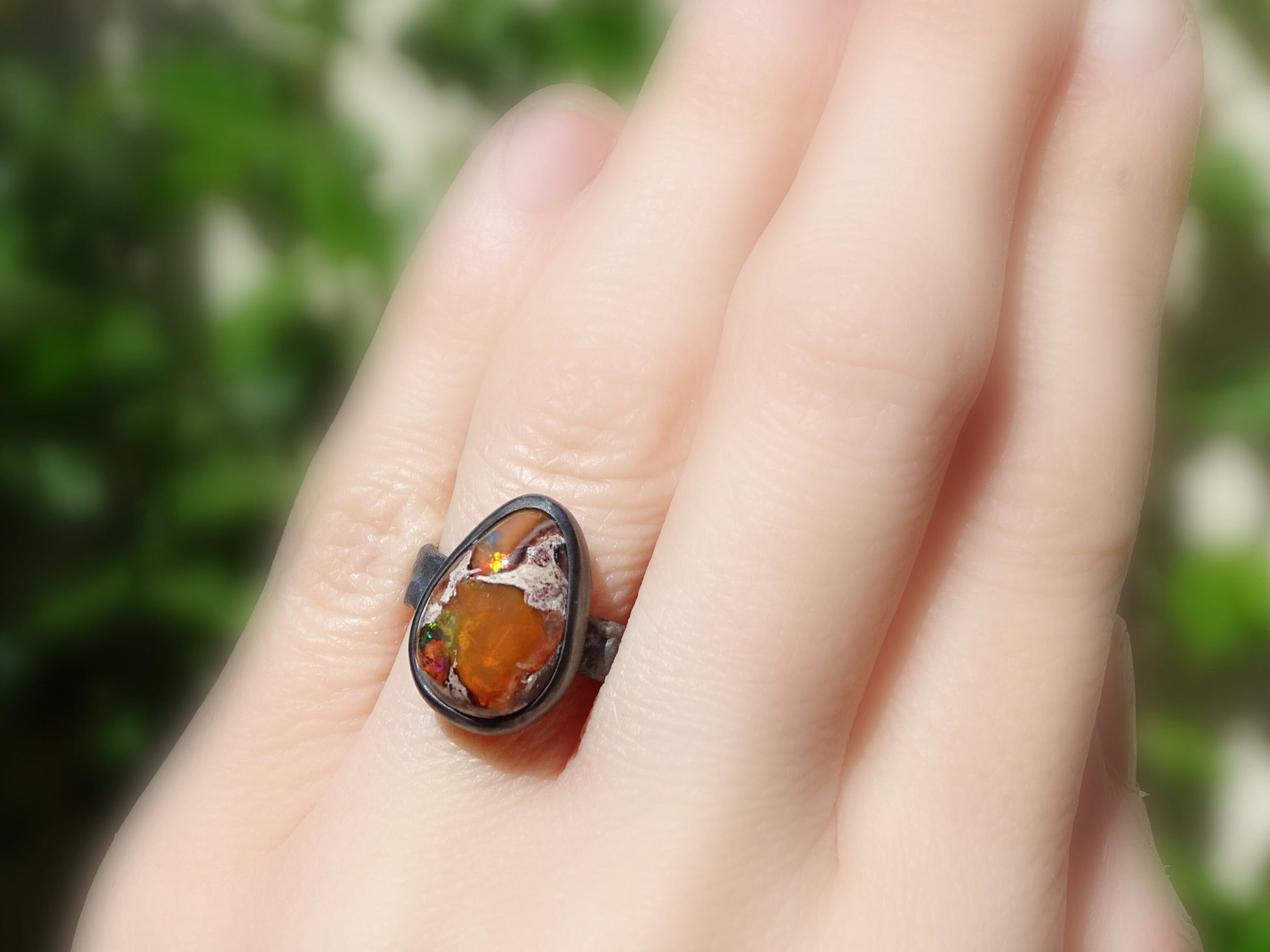 molten silver fire opal ring, fire opal engagement ring, black silver opal ring, rainbow opal ring, unique gift for her Birthstone jewelry - CrazyAss Jewelry Designs