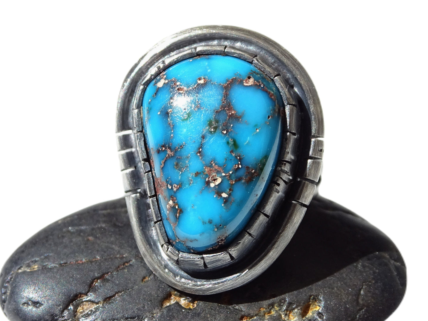 Handcrafted turquoise silver ring with natural Morenci turquoise gemstone in dark oxidized sterling silver setting