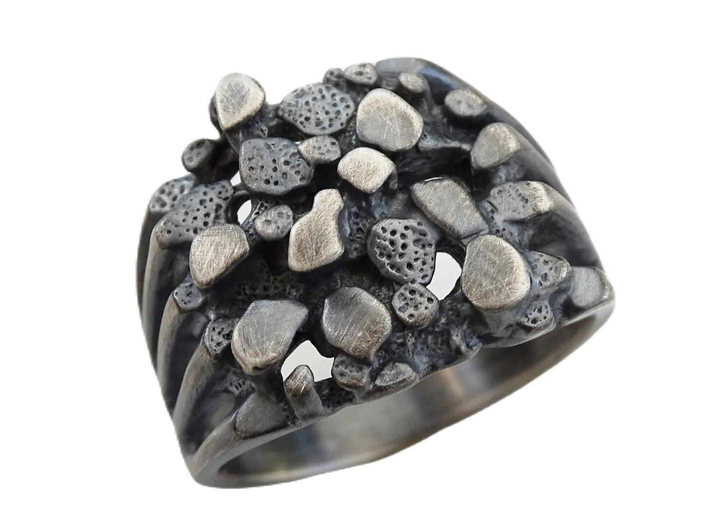 dark silver nugget signet ring with textured pebble design and matte finish