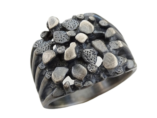 dark silver nugget signet ring with textured pebble design and matte finish