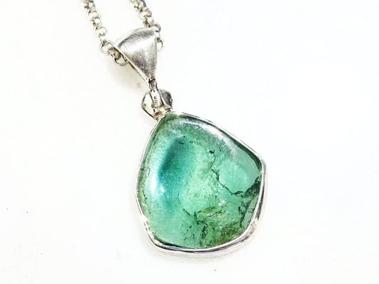 Blue green indicolite tourmaline crystal pendant set in sterling silver with chain
