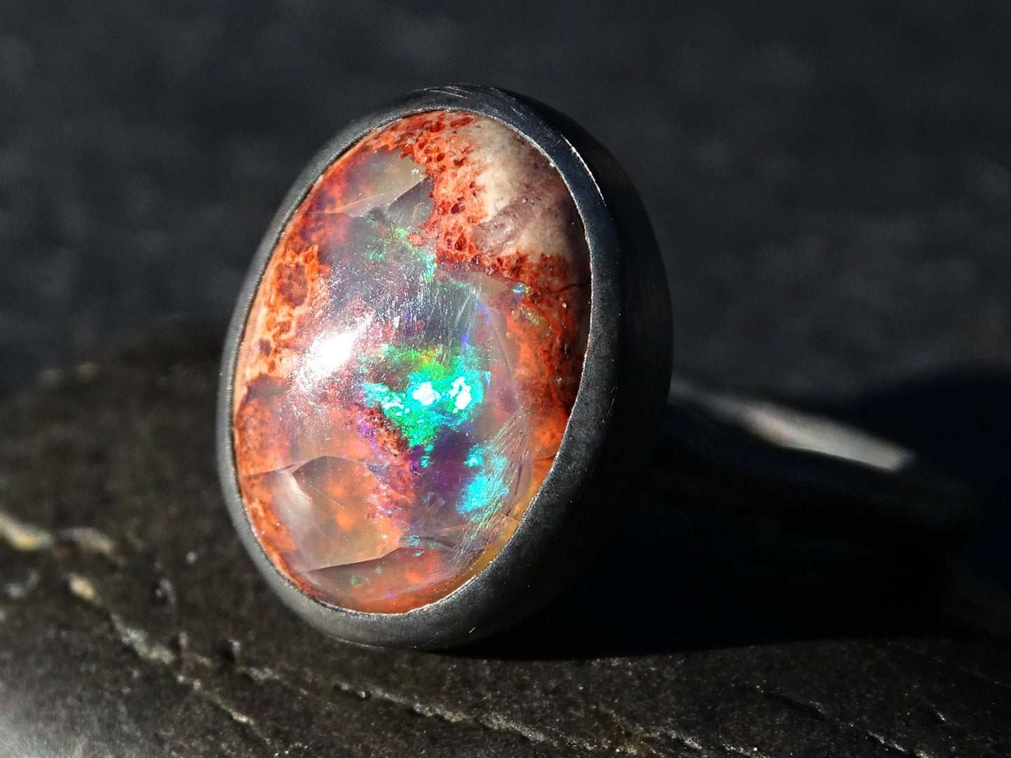 fire opal ring black silver, fire opal engagement ring, black silver opal ring, rainbow opal ring, unique gift for her Birthstone jewelry - CrazyAss Jewelry Designs