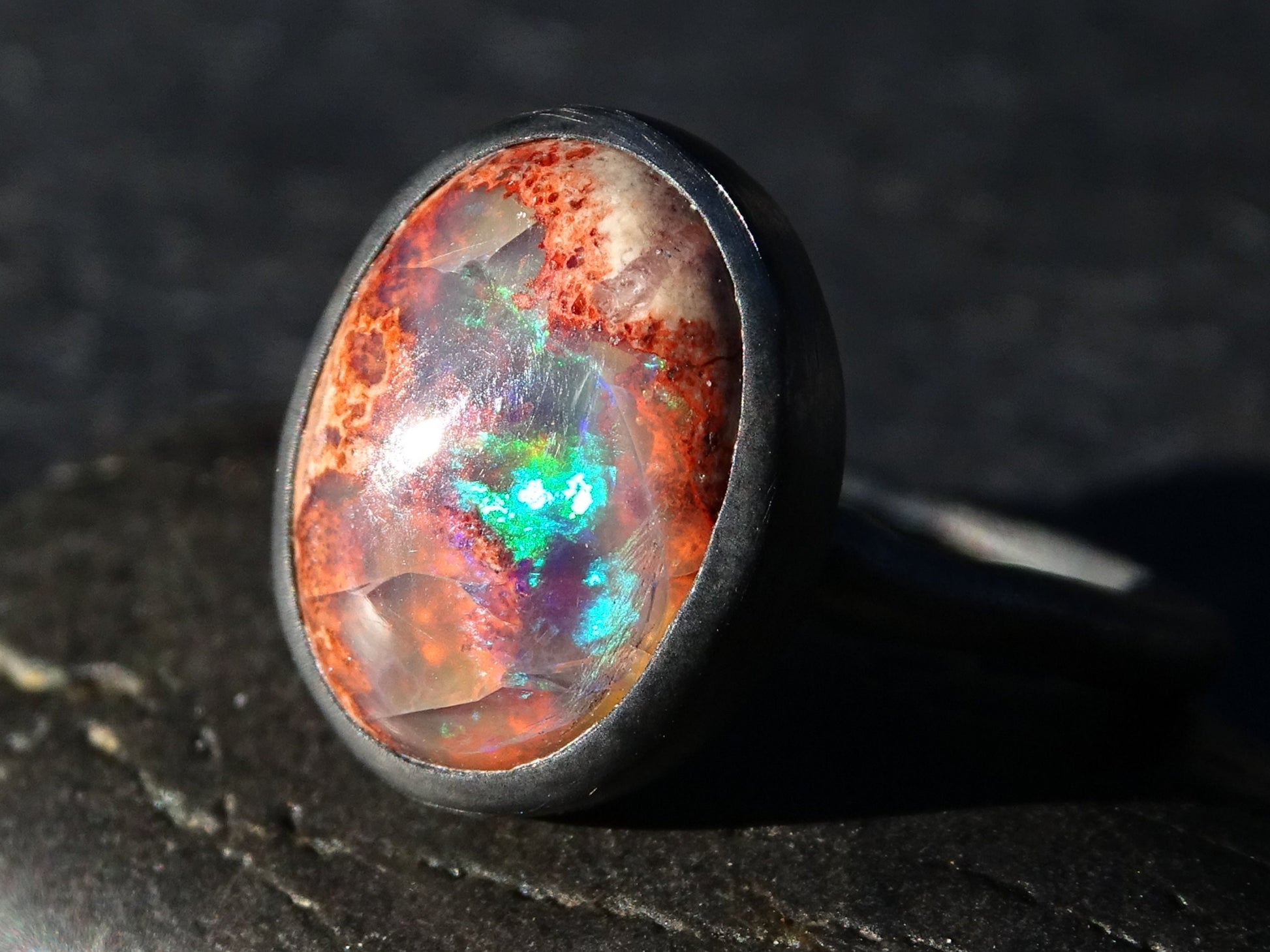 fire opal ring black silver, fire opal engagement ring, black silver opal ring, rainbow opal ring, unique gift for her Birthstone jewelry - CrazyAss Jewelry Designs