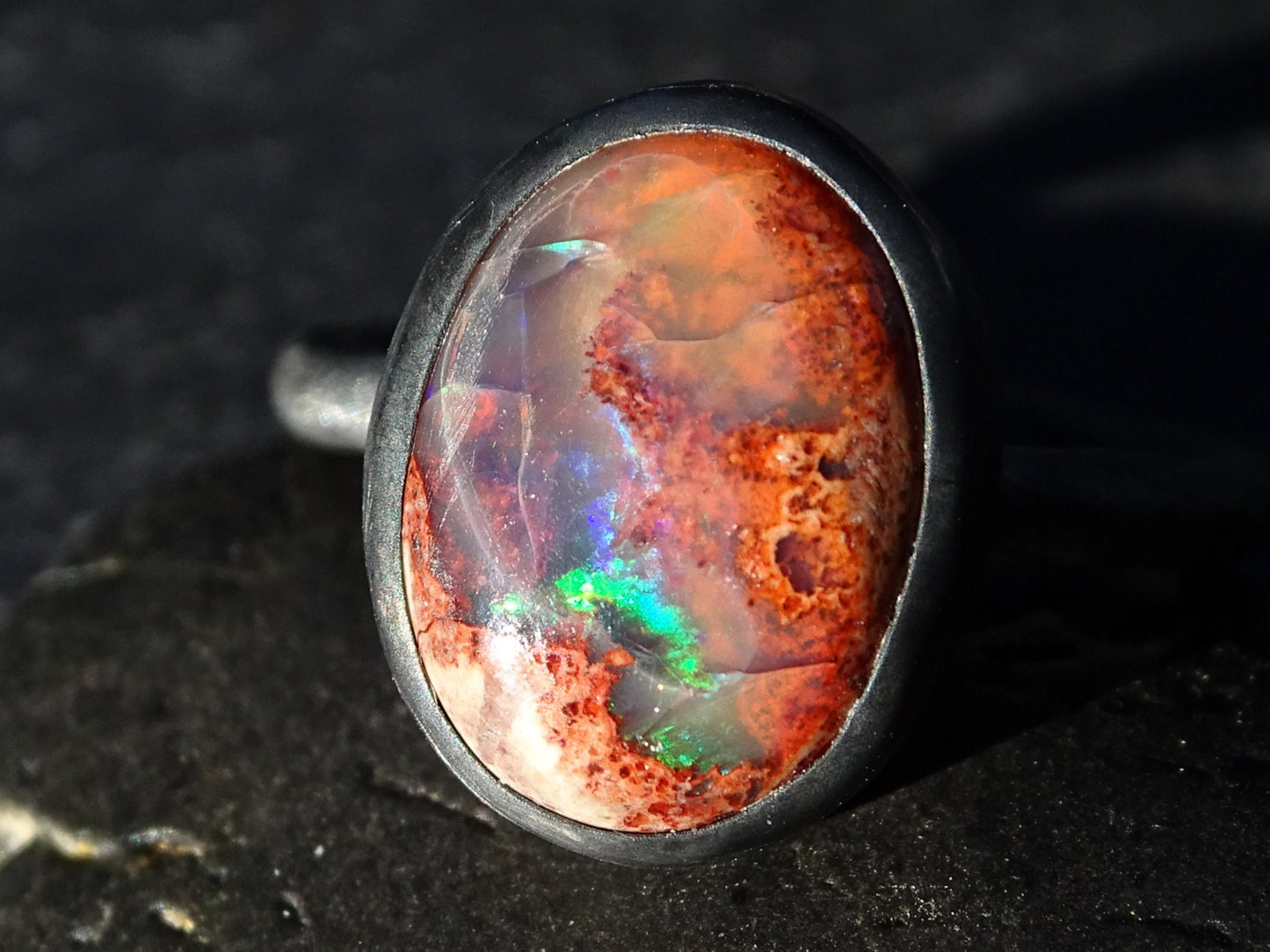 fire opal ring black silver, fire opal engagement ring, black silver opal ring, rainbow opal ring, unique gift for her Birthstone jewelry - CrazyAss Jewelry Designs