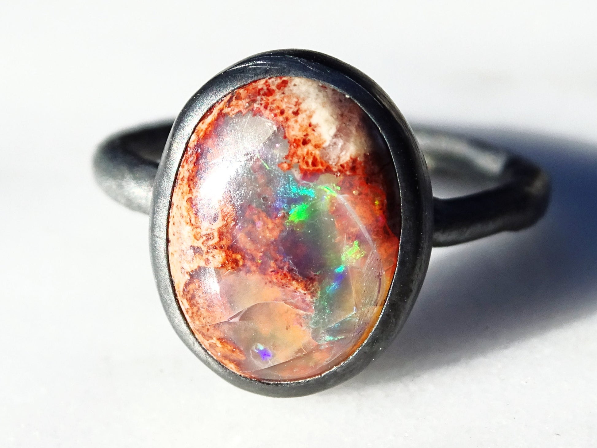 fire opal ring black silver, fire opal engagement ring, black silver opal ring, rainbow opal ring, unique gift for her Birthstone jewelry - CrazyAss Jewelry Designs