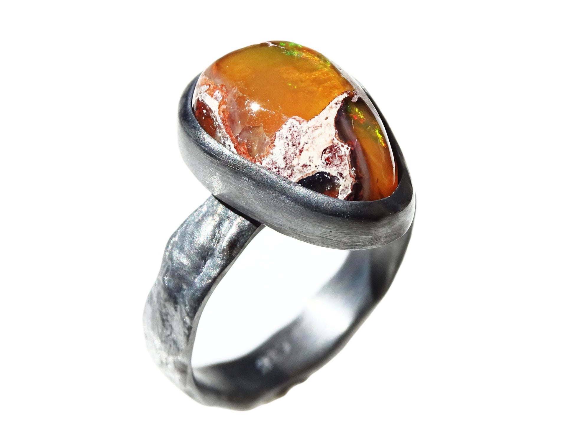 molten silver fire opal ring, fire opal engagement ring, black silver opal ring, rainbow opal ring, unique gift for her Birthstone jewelry - CrazyAss Jewelry Designs
