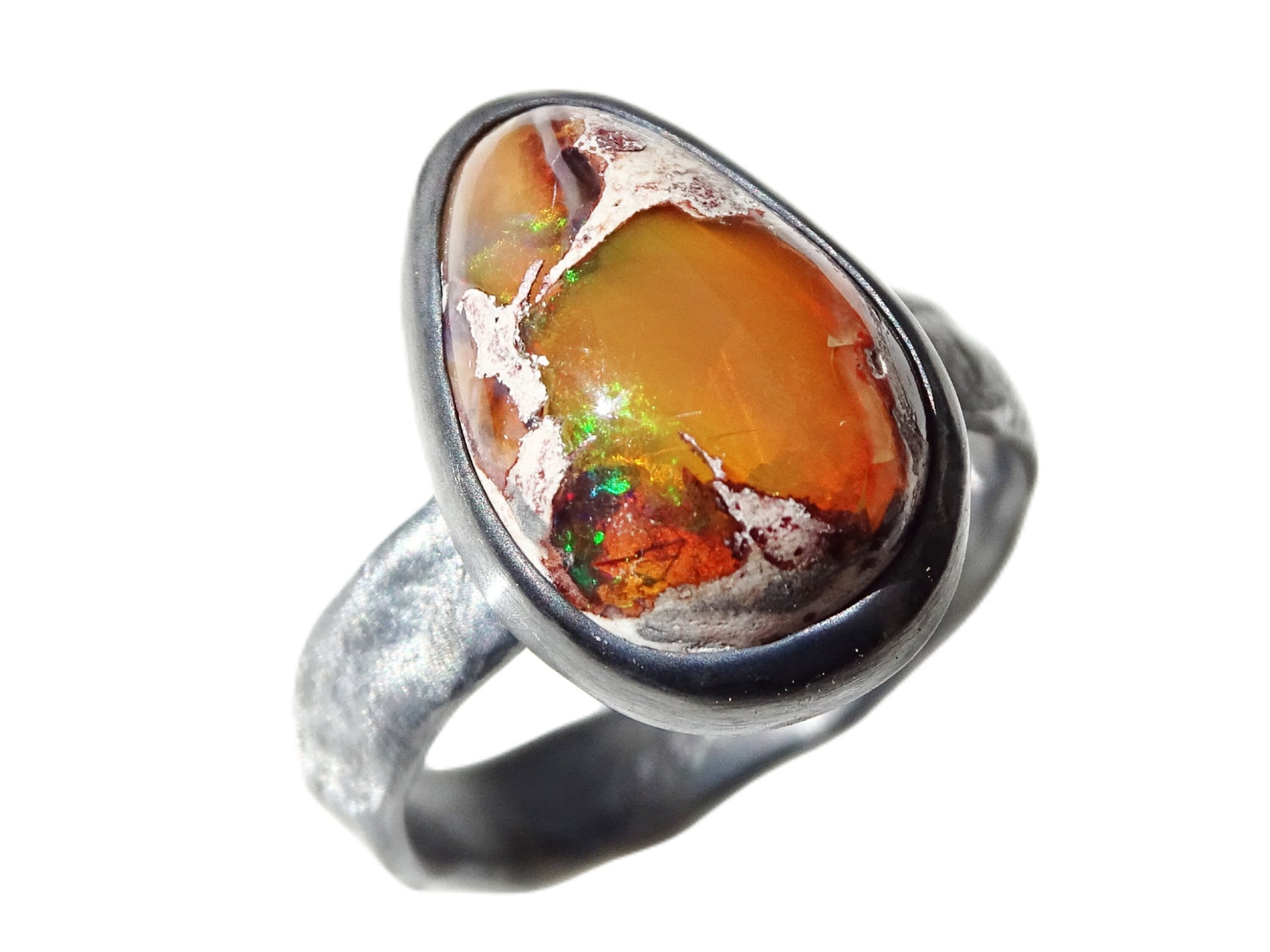 molten silver fire opal ring, fire opal engagement ring, black silver opal ring, rainbow opal ring, unique gift for her Birthstone jewelry - CrazyAss Jewelry Designs