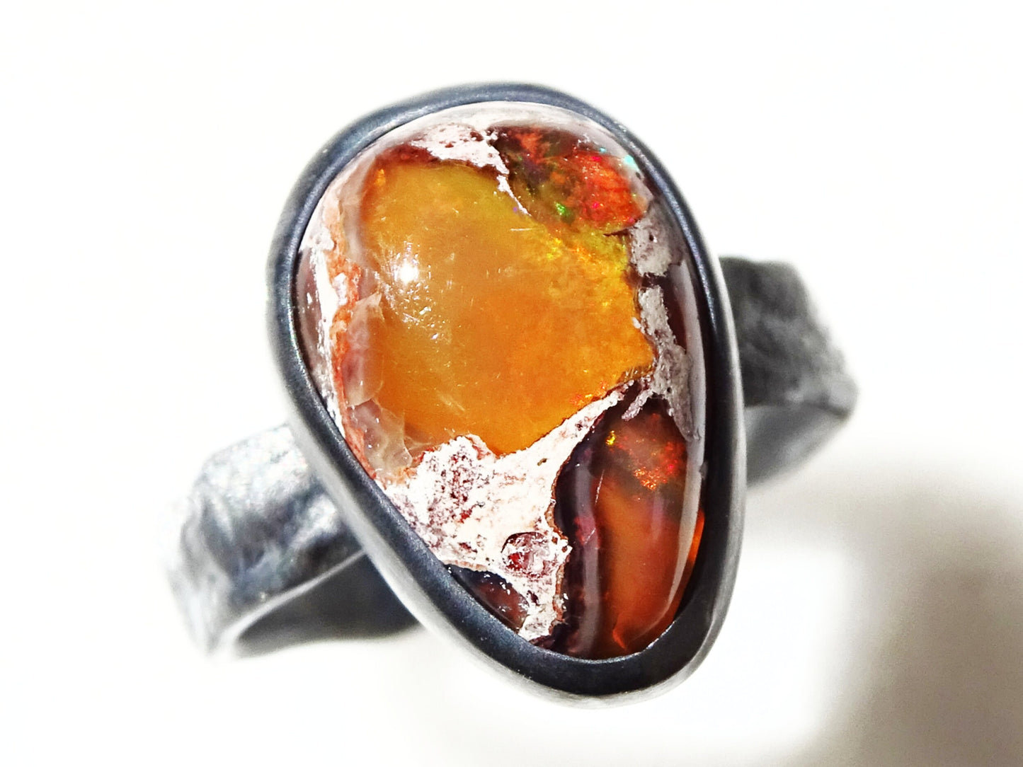 molten silver fire opal ring, fire opal engagement ring, black silver opal ring, rainbow opal ring, unique gift for her Birthstone jewelry - CrazyAss Jewelry Designs