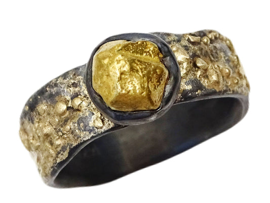 Sterling silver ring with natural 22k gold Yukon nugget and molten textured band gold nugget ring