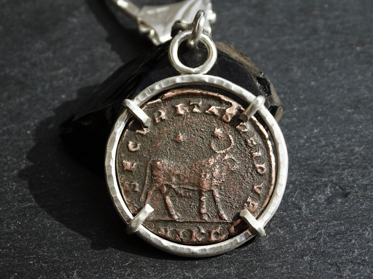 sterling silver key chain featuring an ancient Roman Empire bronze coin with bull and stars design