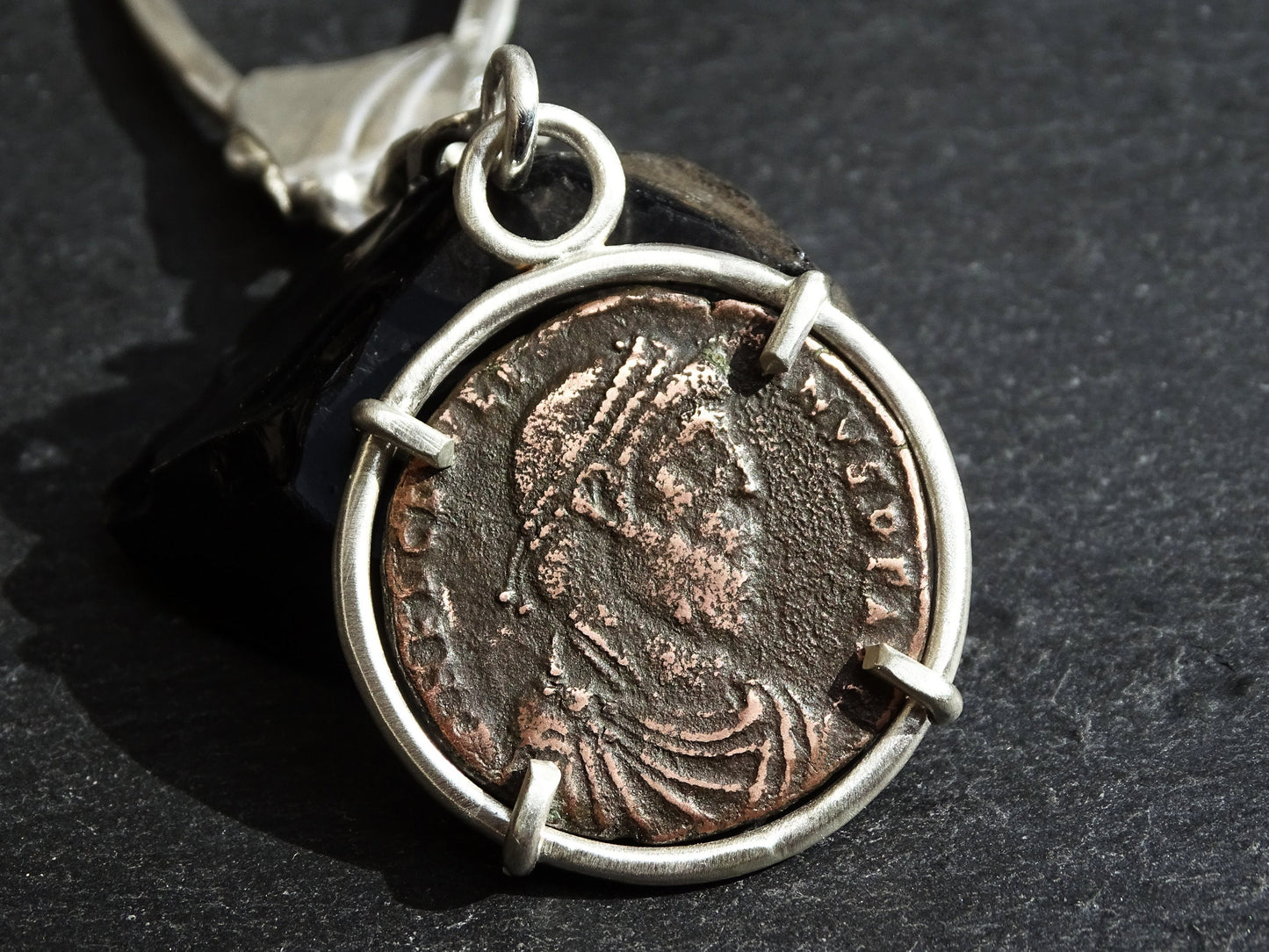 big silver key chain with ancient Roman Empire coin