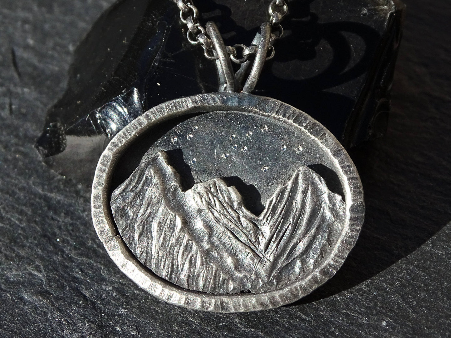 Silver mountain range pendant necklace with oxidized sterling silver and layered mountain landscape, good luck charm design