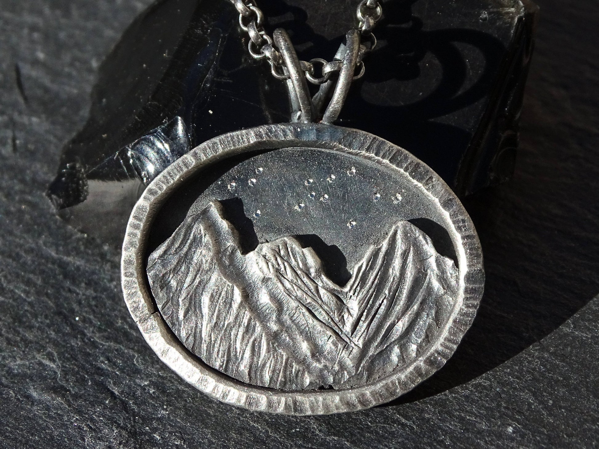Silver mountain range pendant necklace with oxidized sterling silver and layered mountain landscape, good luck charm design