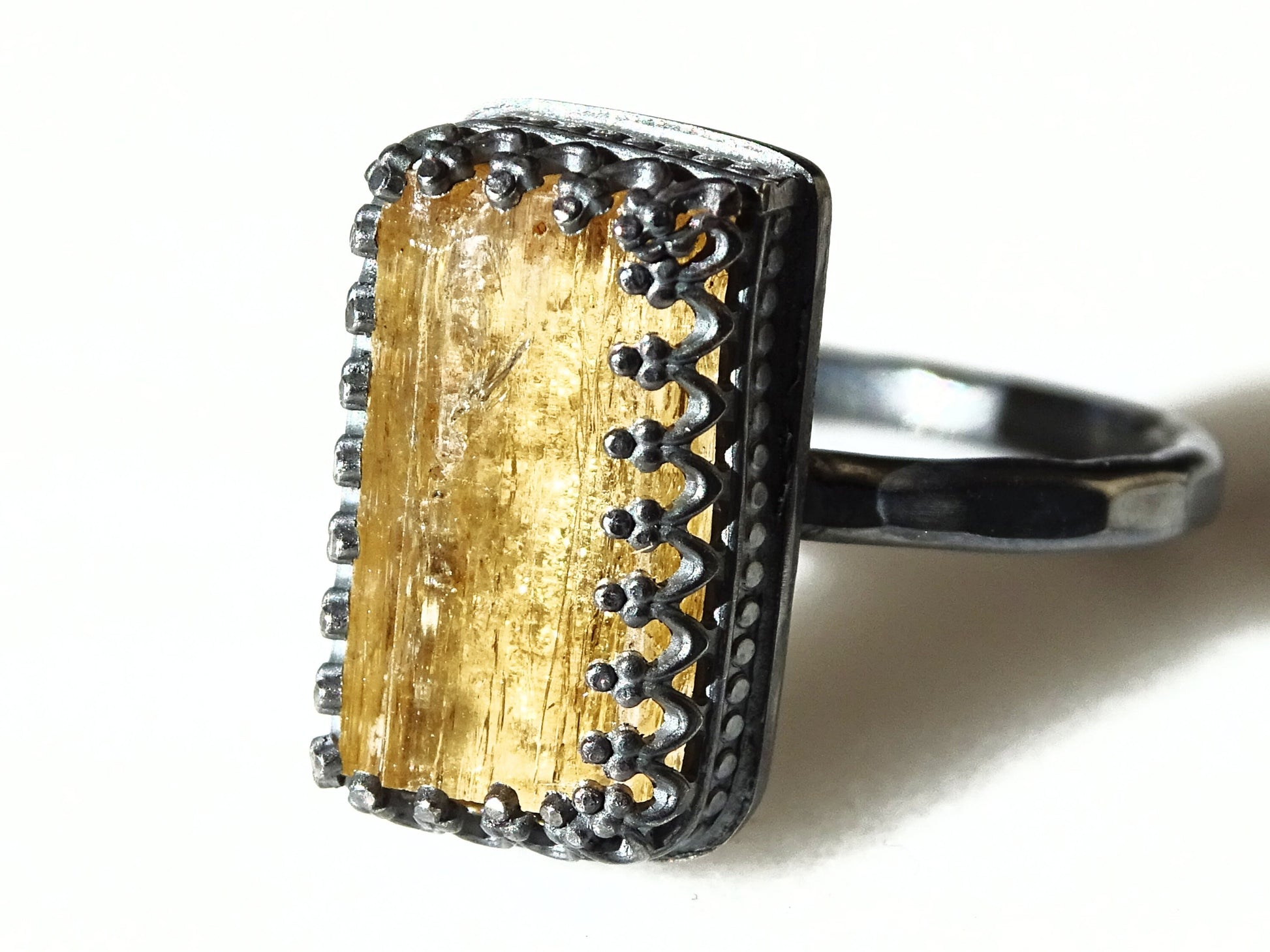 Imperial Topaz ring black silver, golden Topaz engagement ring, raw Topaz crystal ring, uncut crystal silver ring, anniversary gift for her - CrazyAss Jewelry Designs