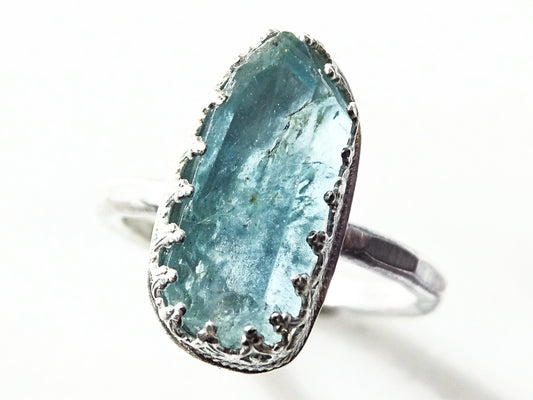 raw aquamarine ring silver, blue aquamarine crystal silver ring, silver engagement ring