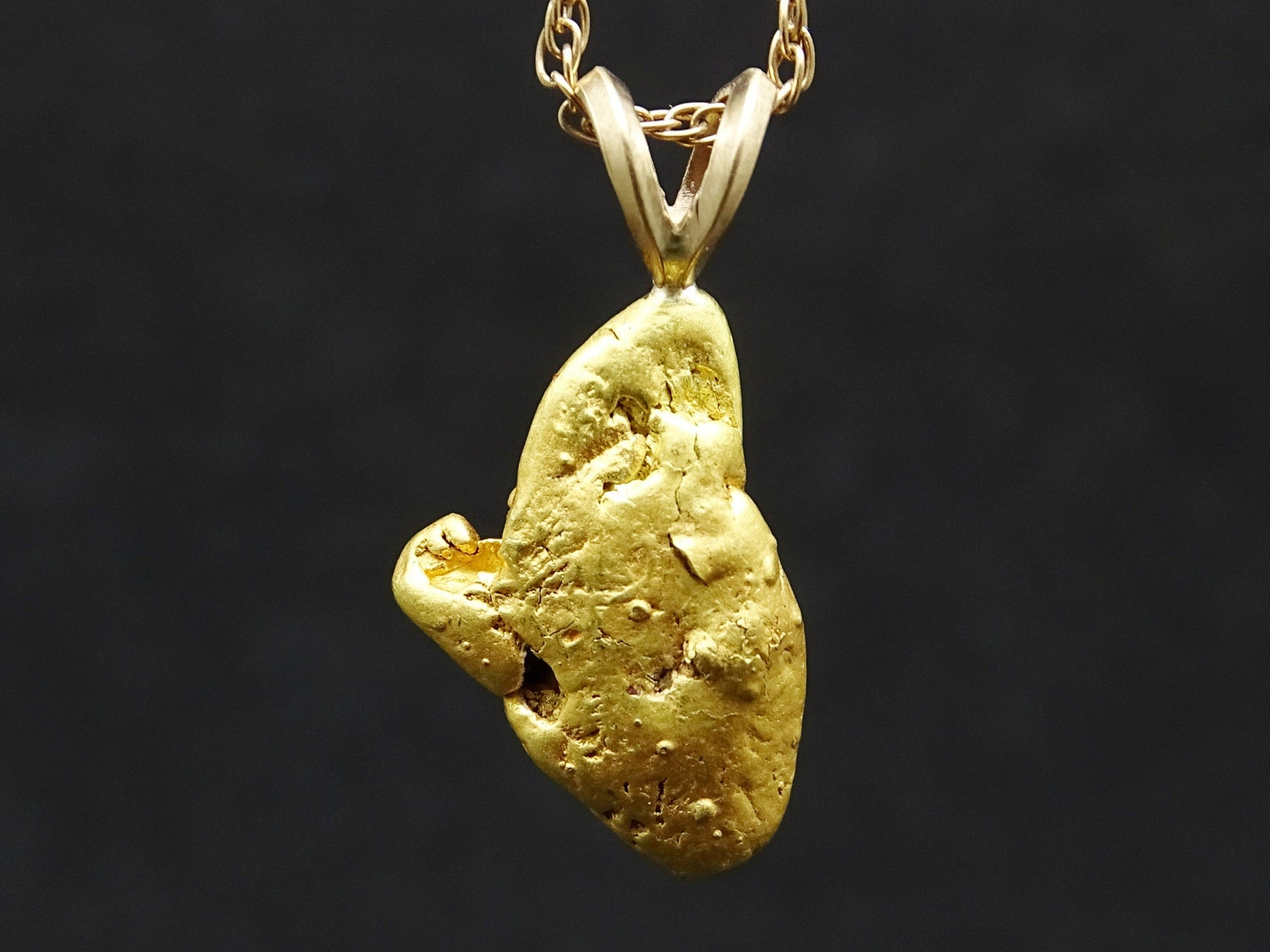 Alaska gold nugget pendant with natural 22k pure gold nugget and 14k gold bail on gold-filled chain