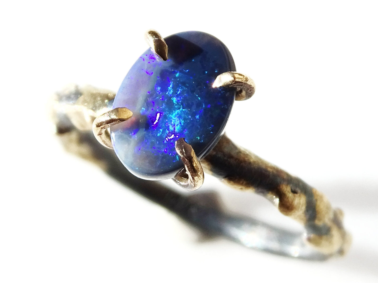 black Australian opal ring in 14k gold and black silver - CrazyAss Jewelry Designs