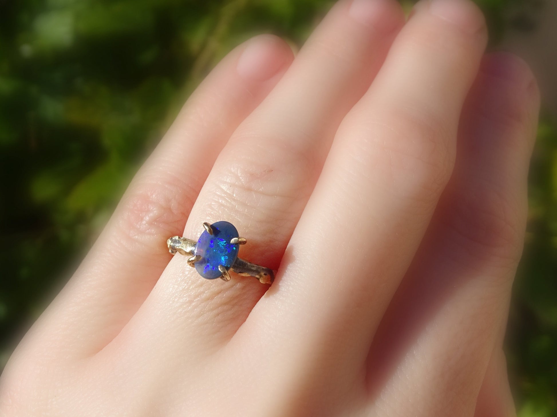 black Australian opal ring in 14k gold and black silver - CrazyAss Jewelry Designs