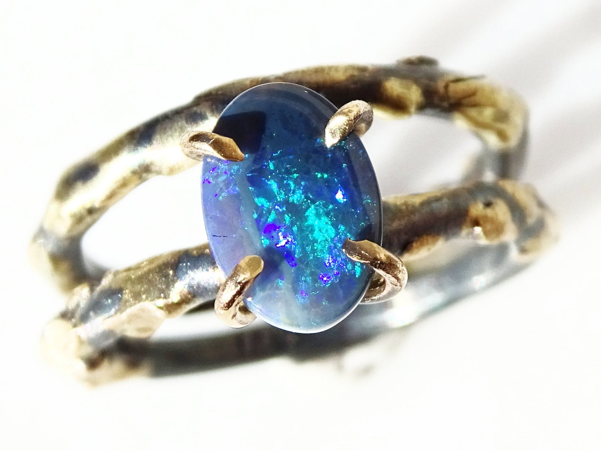 black Australian opal ring in 14k gold and black silver - CrazyAss Jewelry Designs