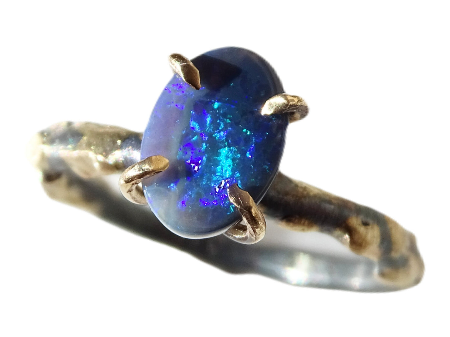 black Australian opal ring in 14k gold and black silver - CrazyAss Jewelry Designs